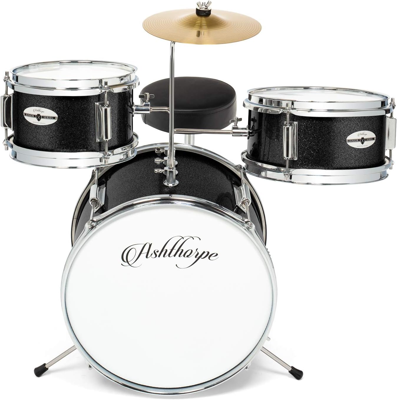 Ashthorpe 3-Piece Complete Drum Set - Beginner Kit with 14' Bass, Adjustable Throne, Cymbal, Pedal & Drumsticks - Black