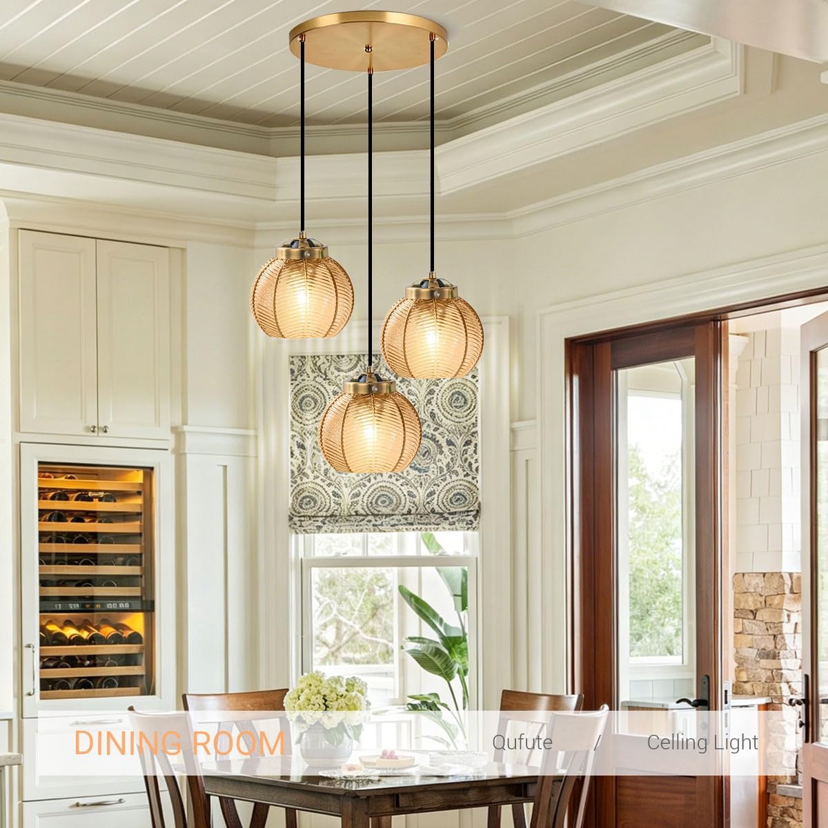 Glass Globe Chandelier 3 Light Cluster Pendant Light Fixture Black Gold Mid Century Modern Ceiling Lights Adjustable Height with Amber Glass Ball Shades Sputnik Chandelier Kitchen