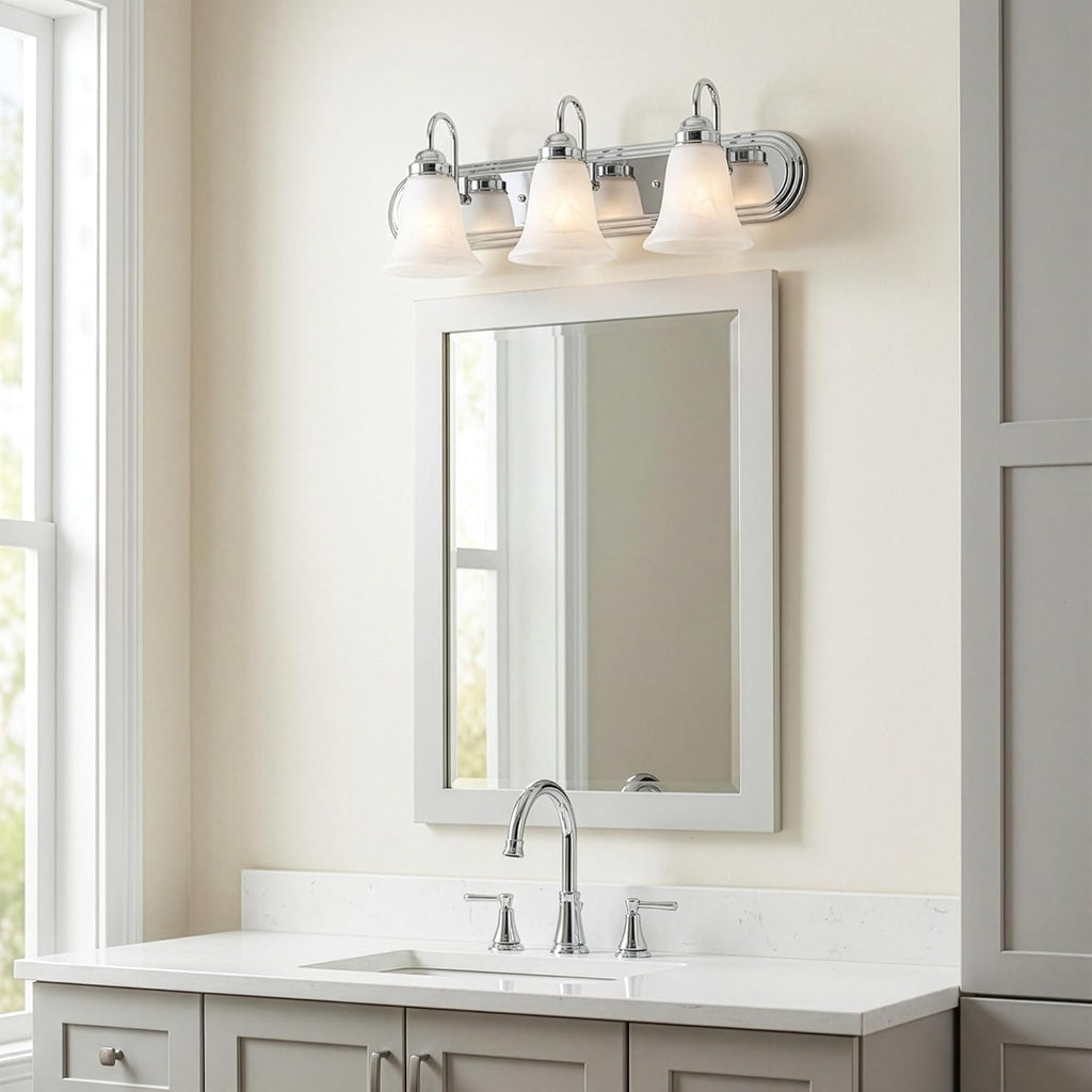 Elk Home Homestead Bathroom Vanity Light, 3-Light Traditional Fixture, Chrome with Alabaster Glass Shade, 24 Inch Wide