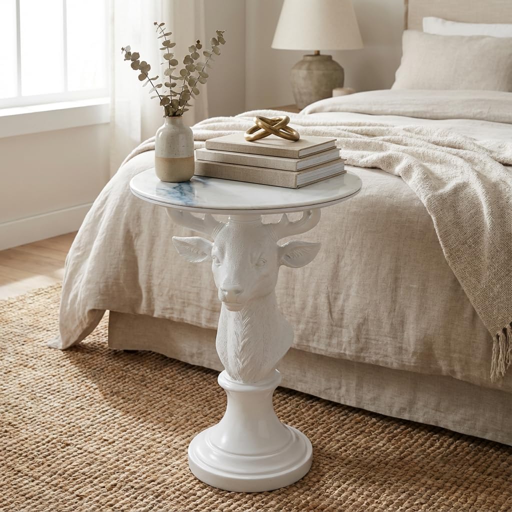 Modern Accent TableLiving Room White Deer Statue Contemporary‌ Faux Marble Night Stand Side Table with White Deer Base Reception Area & Bedroom（Width 19.69' ——Tall 25.59'）