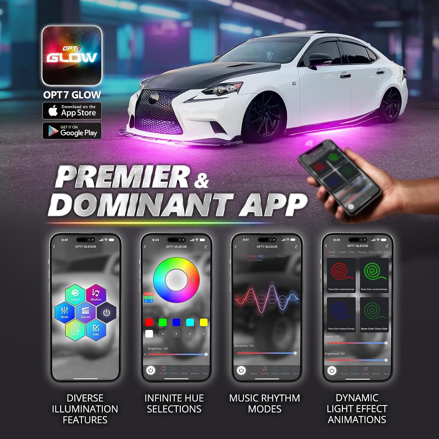 OPT7 Aura Pro RGB Aluminum Car Underglow Kit with App & Remote Control | Waterproof Rigid Light Bars, Multicolor Music Sync Lighting, Neon Accent Underbody Lights, Exterior Car Gifts, 12V