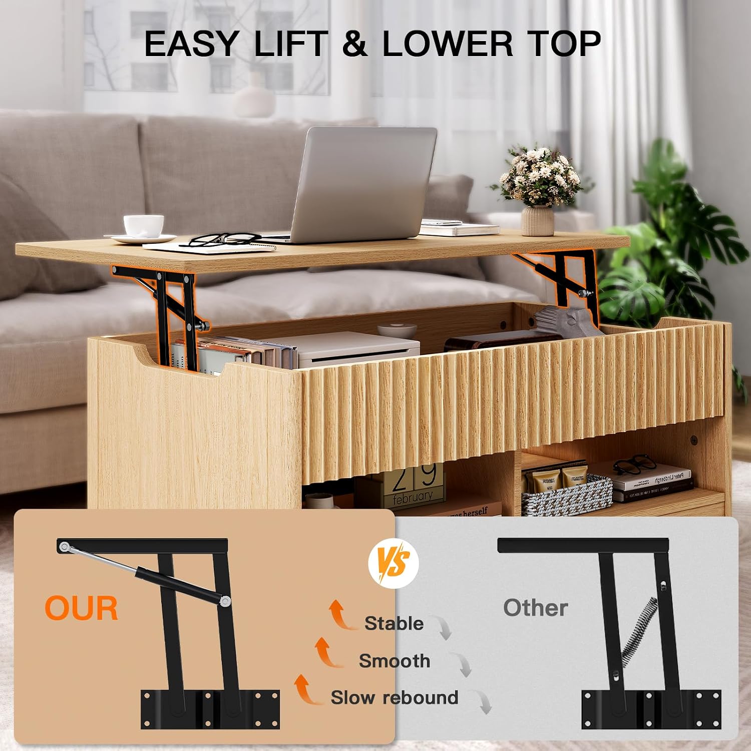 Amada Lift Top Coffee Table with Storage Shelf & Hidden Compartment, Modern Fluted Rectangle Dining Table for Living Room, Home Office,Natural Oak