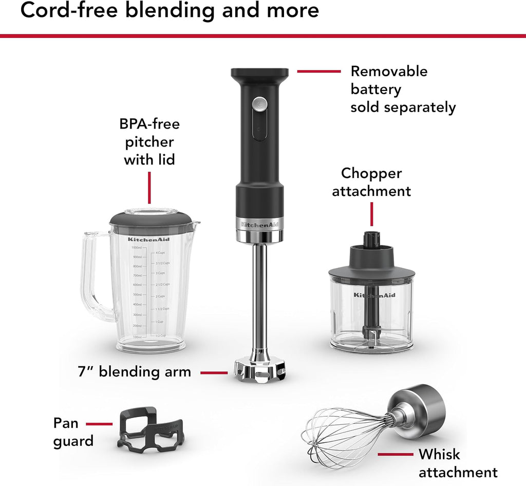 KitchenAid Go Cordless Hand Blender with Accessories - battery sold separately, KHBRV05, Black Matte