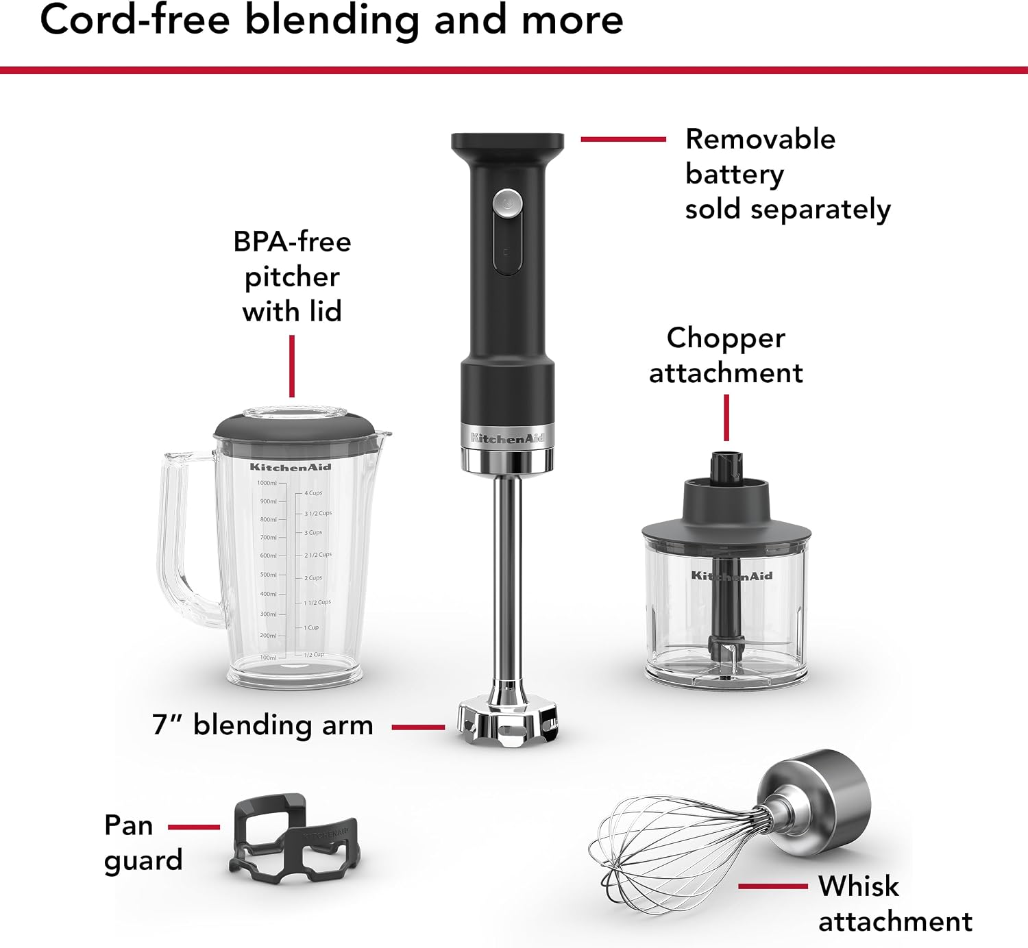 KitchenAid Go Cordless Hand Blender with Accessories - battery sold separately, KHBRV05, Black Matte