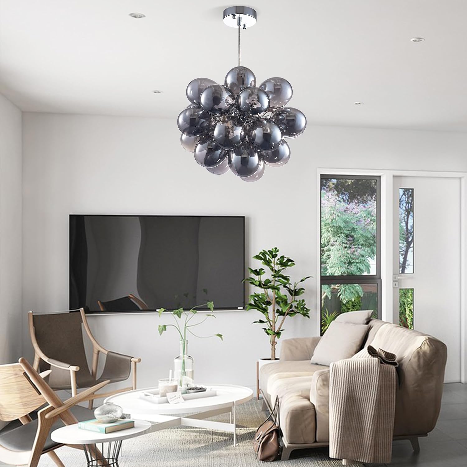 Semi Flush Mount Bubble Chandelier,Close to Ceiling Light Fixtures,16' Modern Bubble Balloon Glass Chandelier with Colorful Globe Glass Shades Pendant Light (Grey Chandelier, 20 inch)
