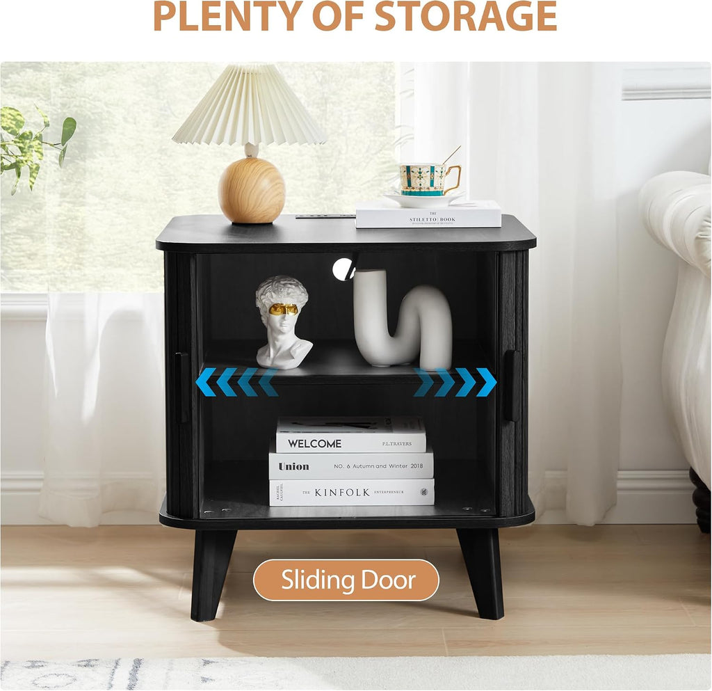 Farmhouse Square End Table with Charging Station, 24' Large Fluted Sofa Side Table with Sliding Tambour Door and Storage, Rustic Curved Wood Nightstand for Living Room, Bedroom, Black
