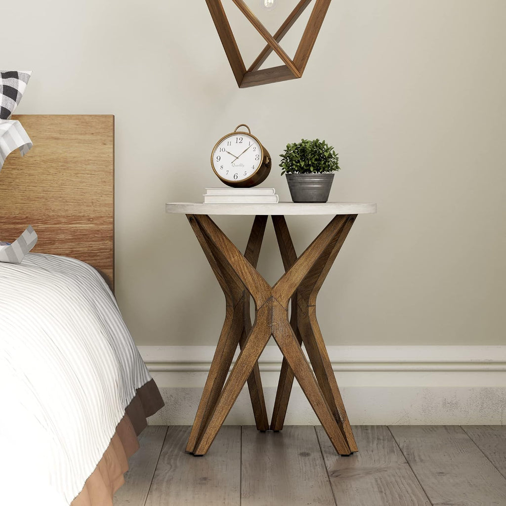 Pedestal Farmhouse End Table Set of 2, Distressed Top with Tripod Base Bedside Table for Living Room, Modern, Boho Decor, Round (2-Pack, White & Walnut)