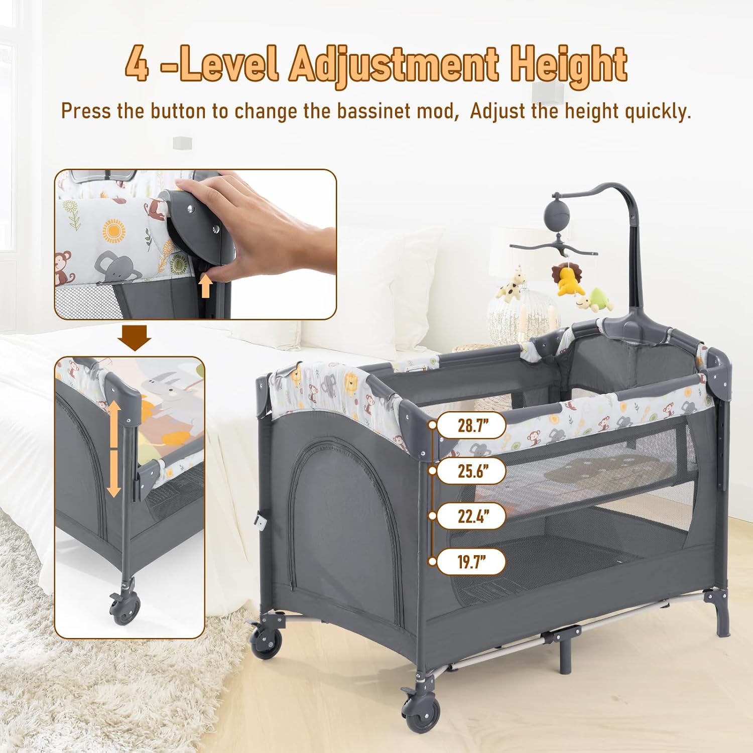 Jaoul 5 in 1 Baby Crib, Bassinet Beside Sleeper, Pack and Play with Bassinet and Changing Table Portable Travel Baby Playpen with Toys & Music Box, Mattress for Girl Boy Infant Newborn