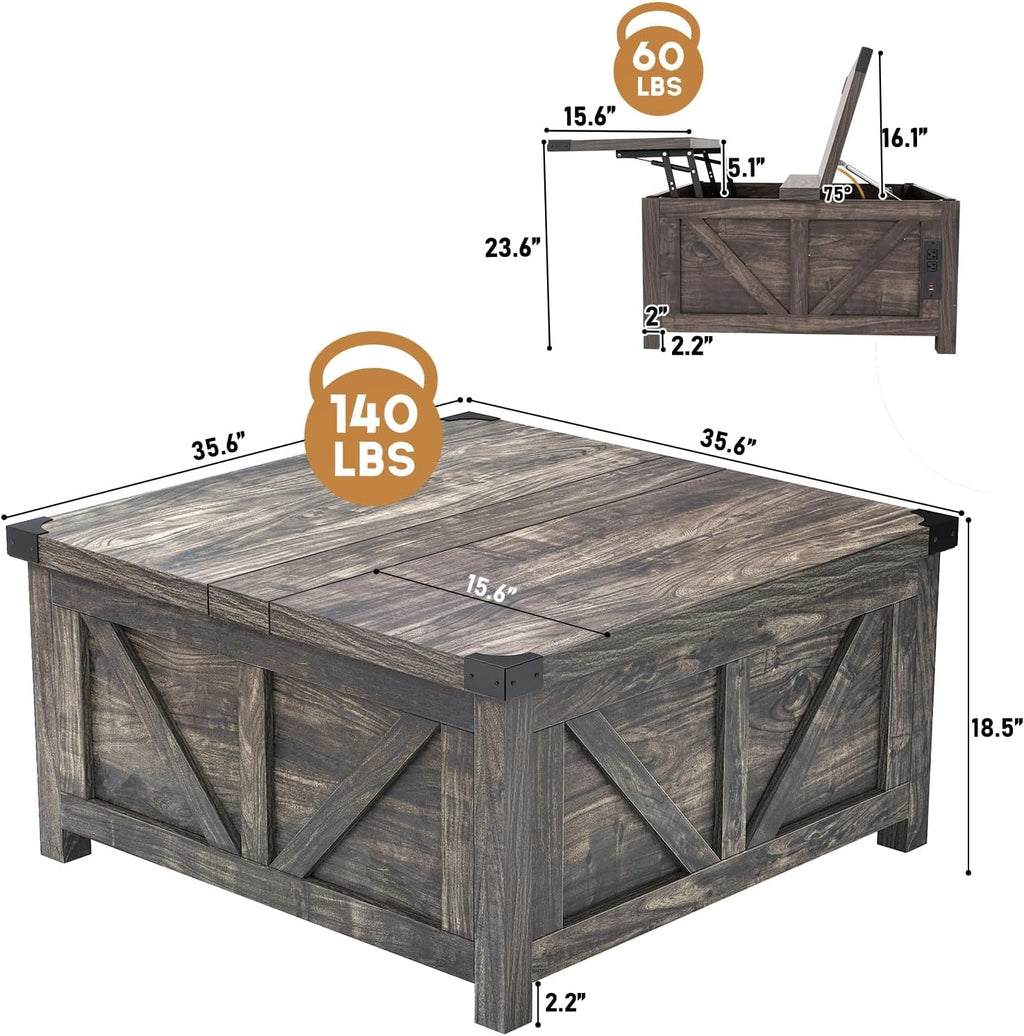 jimeimen Farmhouse Lift Top Coffee Table with Storage, Wood Square Center Table with Charging Station&USB Port, Living Room Table w/Large Hidden Space, for Living Room, Bedroom, Home Office, Dark Grey