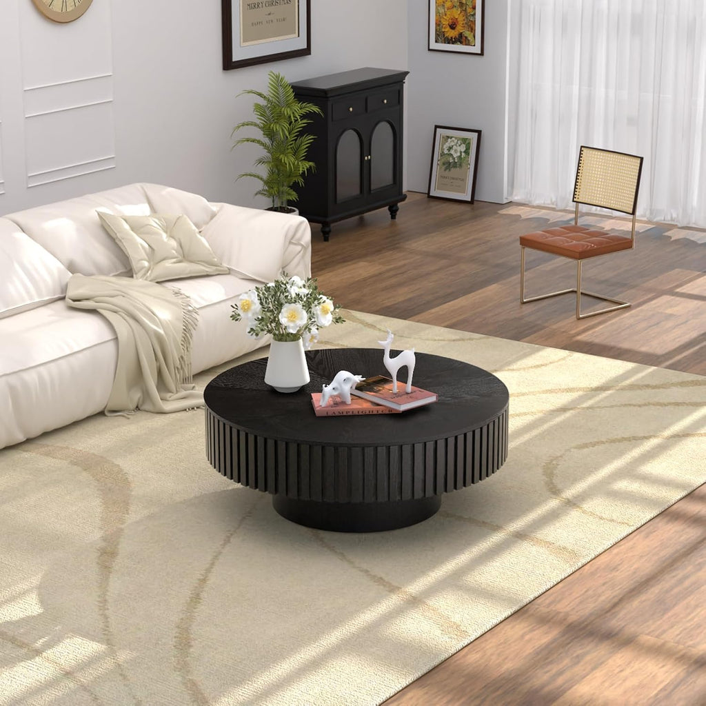 Round Drum Coffee Table with Storage, 31.5' Modern Handcraft Fluted Drum Coffee Table, Wooden Circle Center Table with Sturdy Pedestal for Living Room Apartment (31.5' Black with Storage)