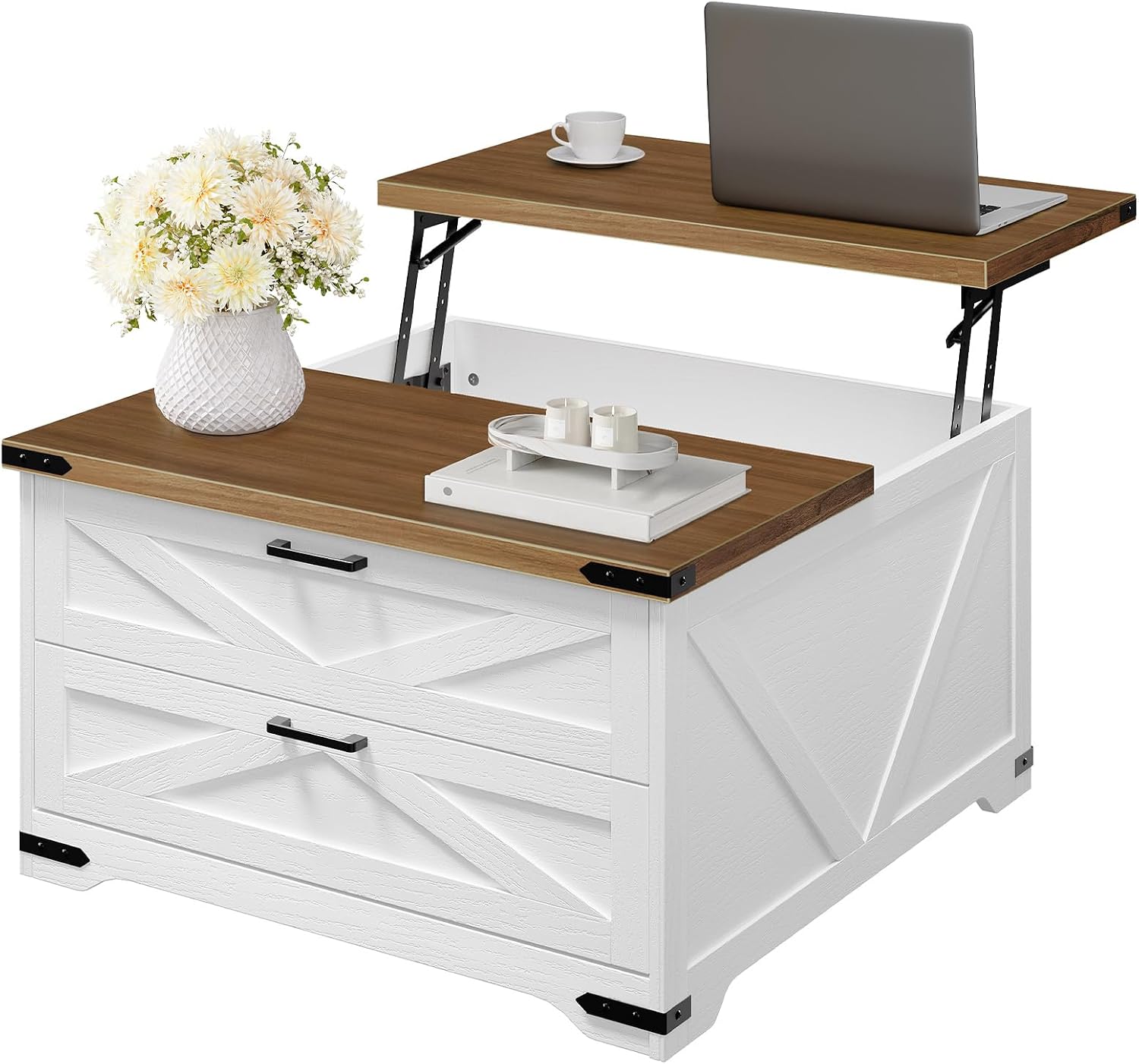 HOOBRO Lift Top Coffee Table with Storage, 31.5' Large Square Coffee Table with 2 Drawers, Large Hidden Space, White Farmhouse Center Table for Living Room, Home Office, White and Walnut WH45KF01