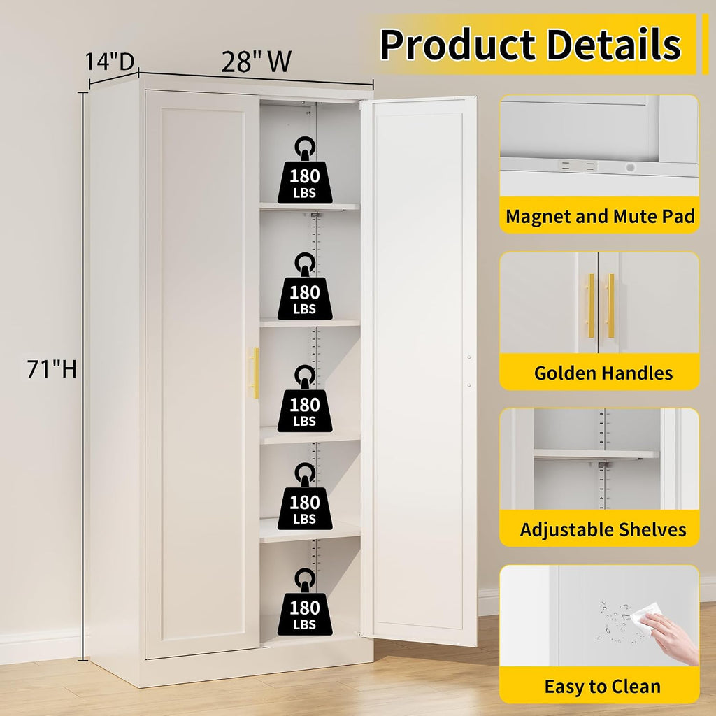 Metal Pantry Cabinet, 71'H x 28'W x 14'D Pantry Cabinets with 2 Doors and 4 Adjustable Shelves, Kitchen Pantry Storage Cabinets, Metal Storage Cabinet for Kitchen, Dining Room, Living Room-White