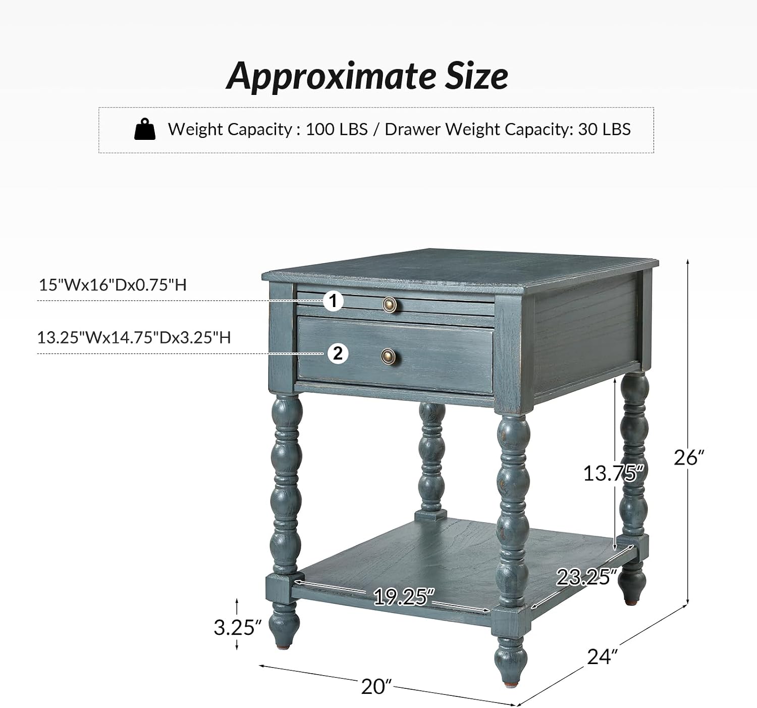 HULALA HOME Spindle Nightstands with Charging Station, Solid Wood Nightstand with Drawer Shelf, Side Table with Pull-Out Shelf (1, Blue)