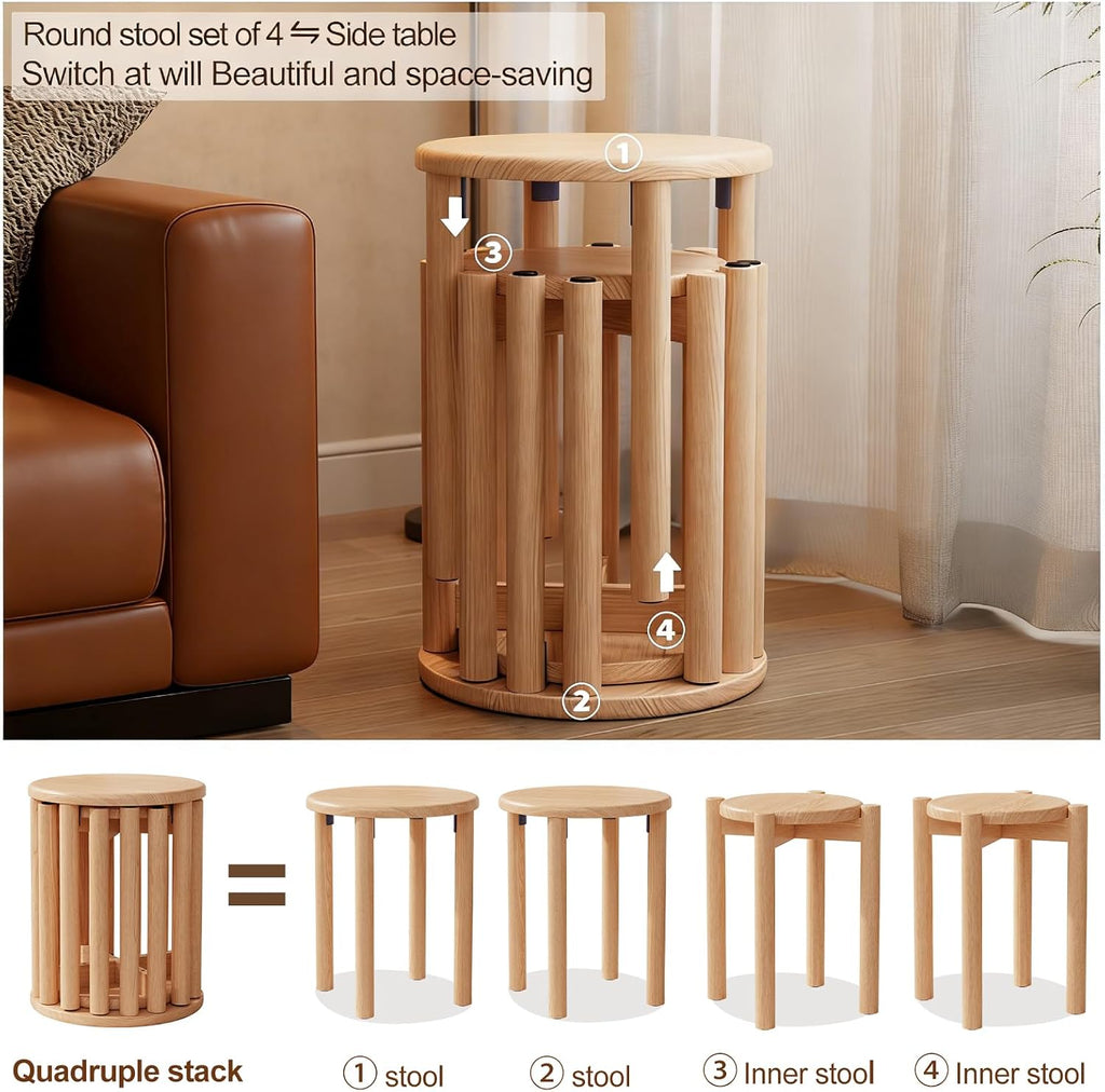Stackable Stools Set of 4, 100% Solid Wood Stool No Installation Required, Side Table Multifunctional Space Saving 18 Inch Round Stool Modular Interlocking Coffe Table for Living Room