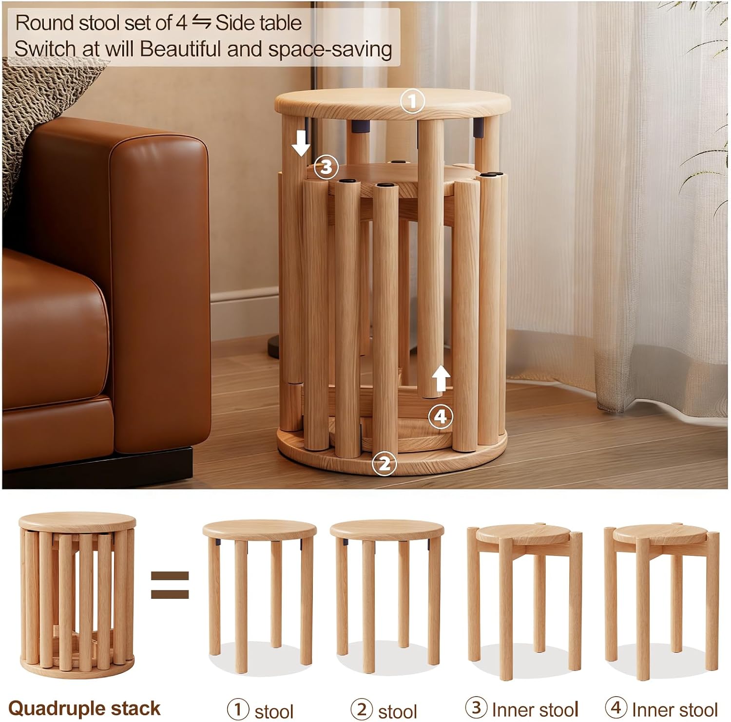 Stackable Stools Set of 4, 100% Solid Wood Stool No Installation Required, Side Table Multifunctional Space Saving 18 Inch Round Stool Modular Interlocking Coffe Table for Living Room