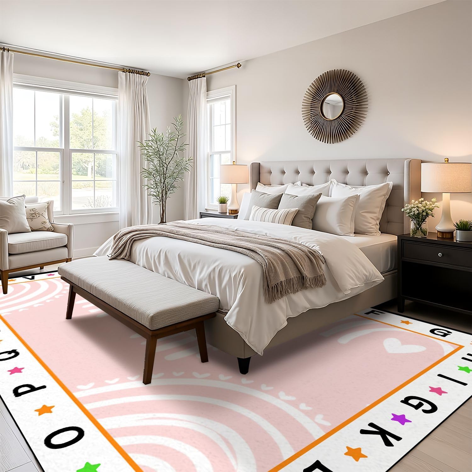 10x14 Kids Learning Rug Washable Area Rugs Kids pink pastel rainbows Summer for baby Scandinavian style Alphabet ABC Learning Carpet Soft Rubber Backed Non-Slip Carpets for Classroom Preschool Nursery