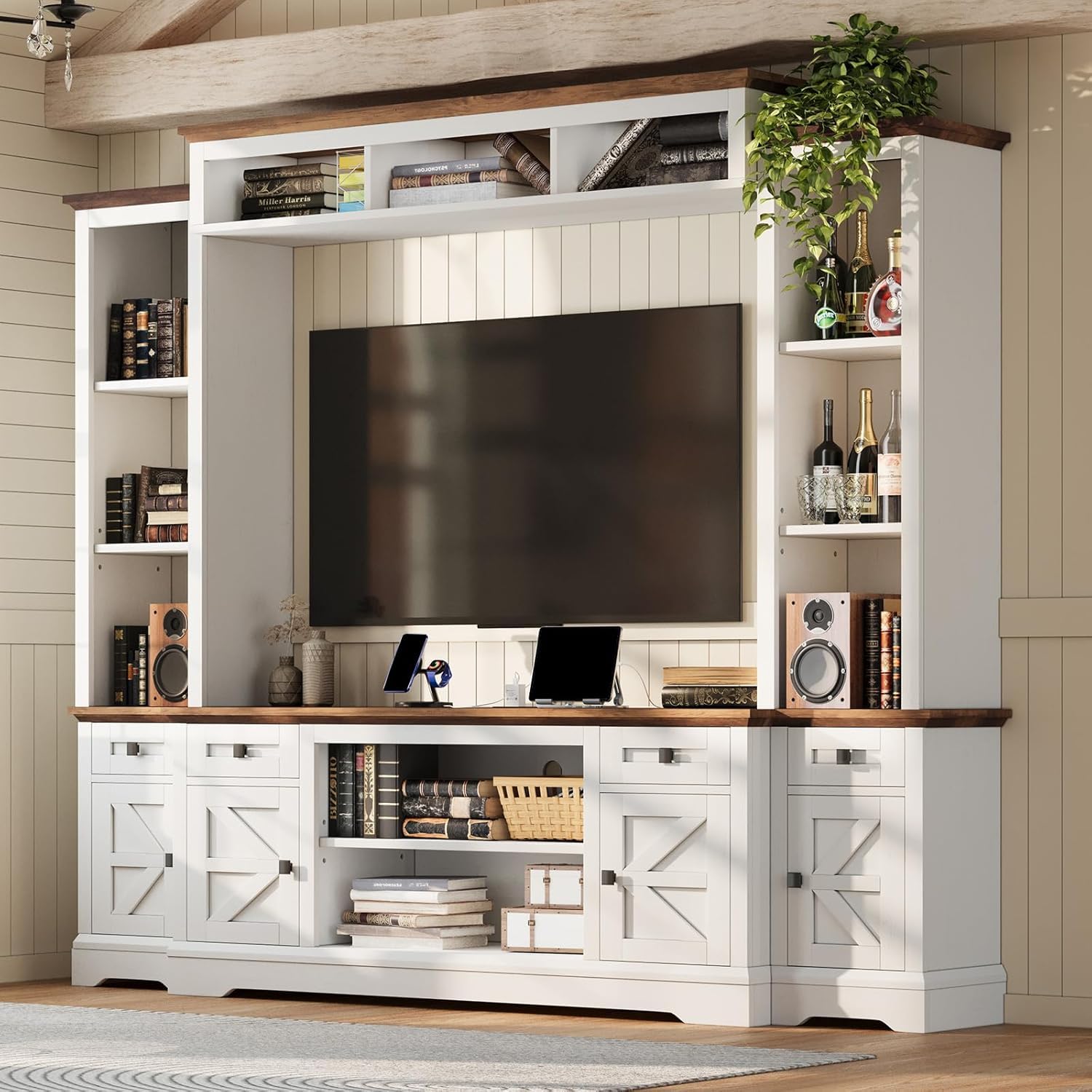 AMERLIFE 4 Pieces Living Room Table Sets, 98' Farmhouse Wall Unit TV Stand with Bookshelves & Wine Cabinet, Coffee Table & 2 End Tables with Charging Station and USB Ports, Living Room, Barnwood+White