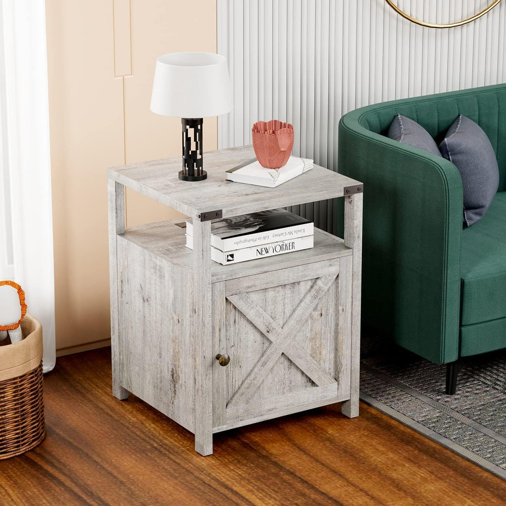 Farmhouse Nightstand Set of 2 with Charging Station, Rustic End Table Bedroom with Storage Living Room Side Table Grayish White Night Stand Industrial Bedside Table