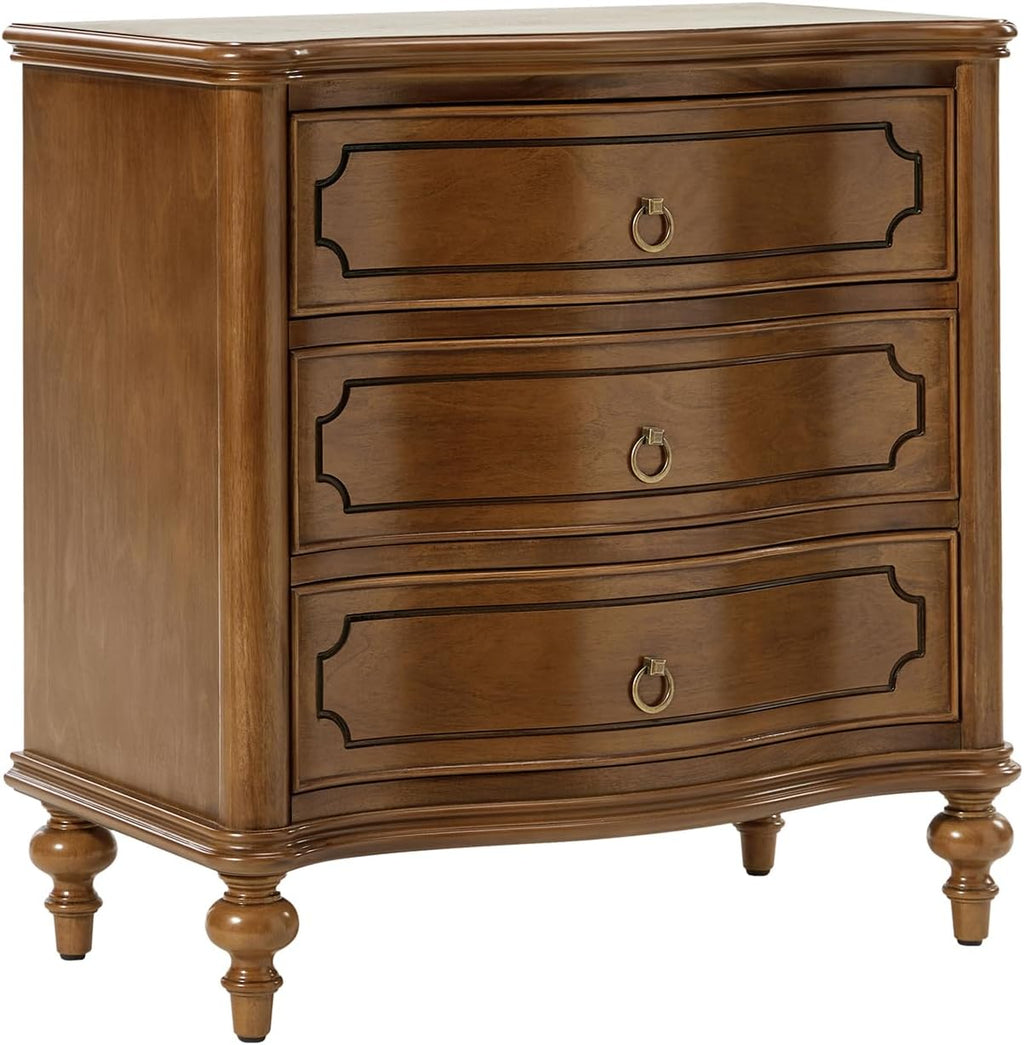 HULALA HOME Traditional Side Table with 3 Drawers, Tall Side Table with Curved Front Profle Desgin, Charging Station, Solid Wood Legs, SEADRIFT