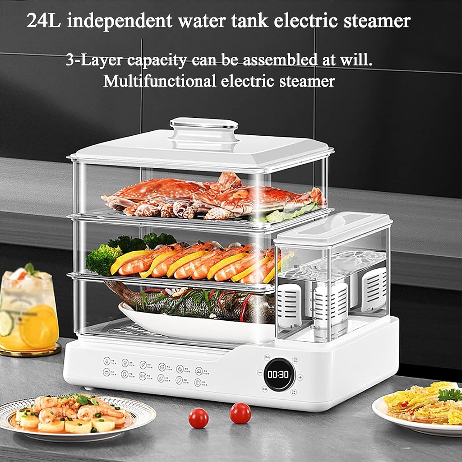 3-Tier Electric Food Steamer with Touch Screen, 12H Timer, Independent Water Tank - Ideal for Healthy Cooking, Vegetables, Rice, and Seafood - Compact & Efficient Kitchen Appliance