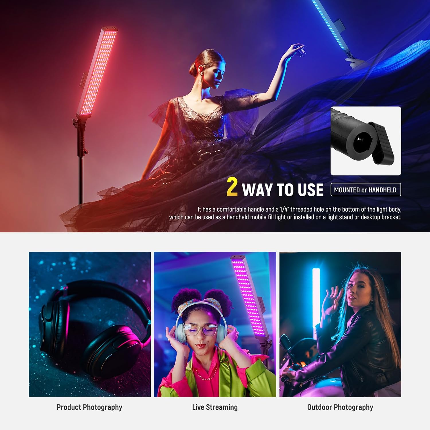 NEEWER Photography RGB Light Stick Kit, 2 Pack LED Video Tube Lights w/Stands, Diffusers, 3250Lux Dimmable Light Wand 2500-10000K CRI95+/TLCI97+ APP/2.4G/Panel Control for Live/Videos/Vlog, BH20C