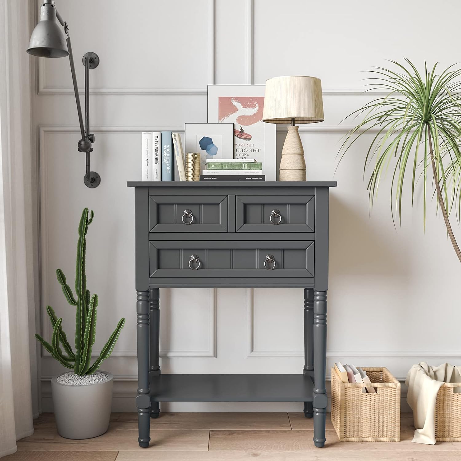 Giantex Console Table with 3 Drawers, 24' Rustic Entryway Table with Storage, Open Bottom Shelf, Compact Hallway Table, Small Sofa Side Table for Living Room, Bedroom, Narrow Entry Table, Gray