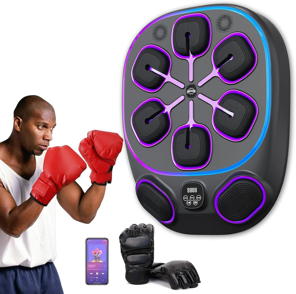 Music Boxing Machine Pro 2025 - 24'' x 19'' Interactive Punching Bag with Audio Sync & LED Display, 8 Targets, 9 Training Modes/Speeds, Home Gym Fitness Equipment with Boxing Gloves,Halfgloves