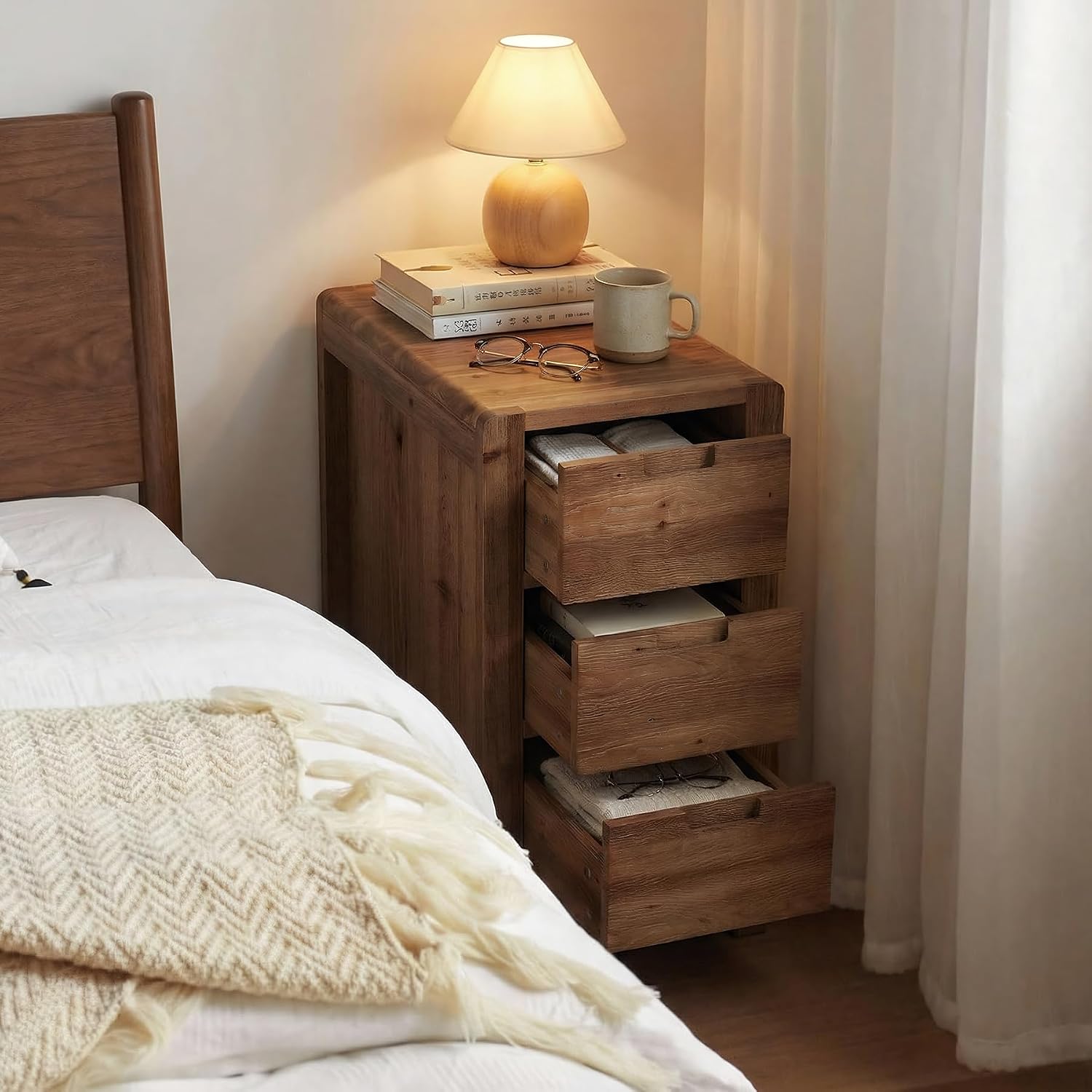 LITTLE TREE 3-Drawer Real Wood End Table, Narrow Side Table with Storage Drawers, Solid Wood Sofa Side Table for Living Room, Slim Nightstand Bedside Table for Bedroom, Natural Wood Color
