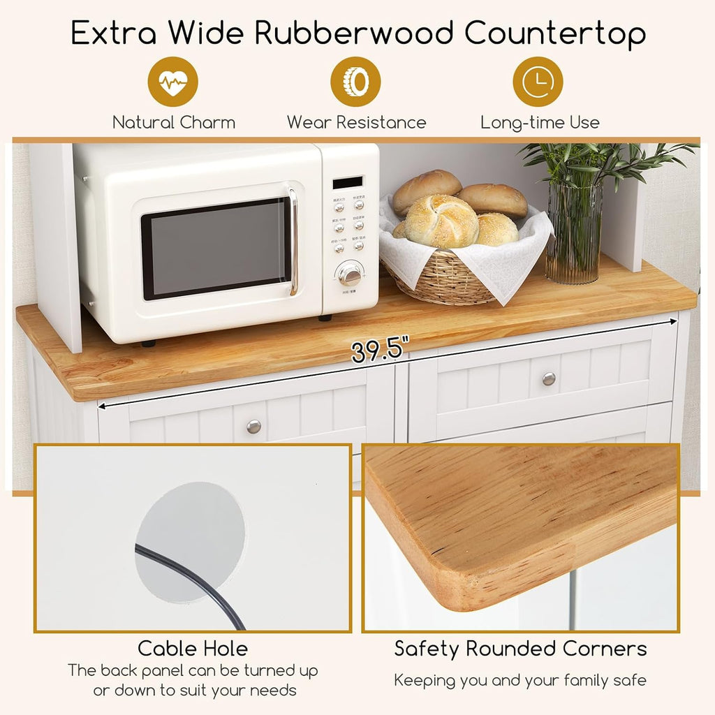 Giantex 68' Tall Kitchen Pantry, Buffet Hutch w/Tilt Out Trash Can Storage Cabinet, 2 Drawer, Shelves, Rubber Wood Microwave Countertop, Wood Sideboard Cupboard for Home Coffee Bar (White & Natural)