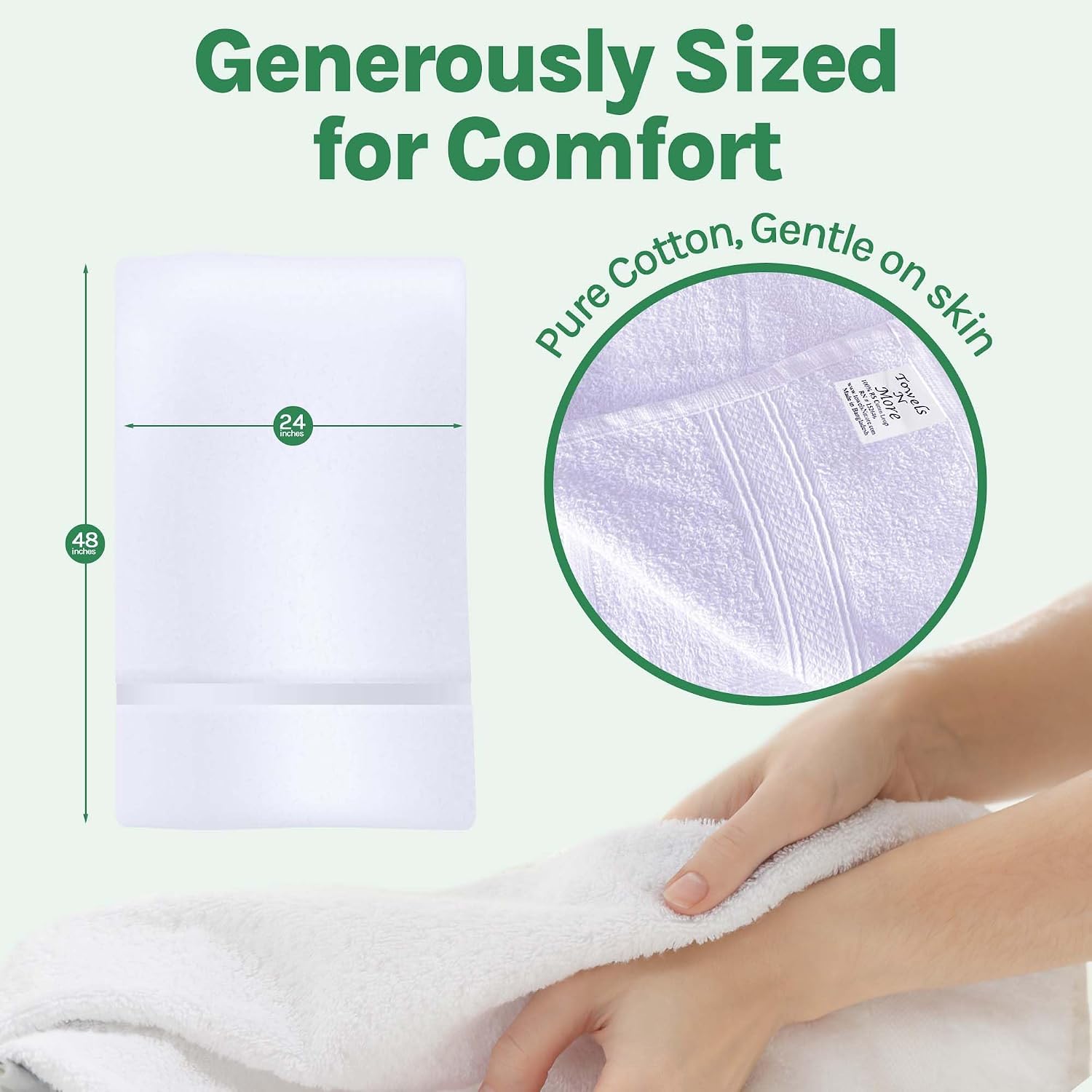 Towels N More 24x48 White Bath Towels - 60 Pack Premium Cotton, Lightweight Soft for Adults, Absorbent Set Ideal for Bathroom, Home, Spa, Hotels/Motels, & Gym Use
