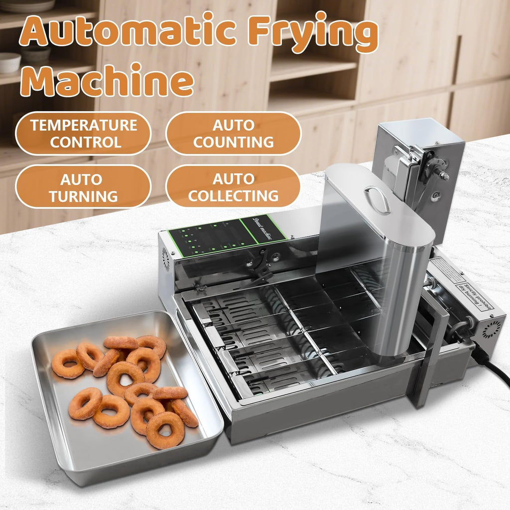 HNZXIB 1800+pcs/hour Mini 4-Row Donut Maker, Automatic Donut Machine, Commercial Doughnut Frying Maker, 5 Gears Adjustment, 110V 60Hz, 2000W, Stainless Steel, for Cafes, Bakeries, Restaurants