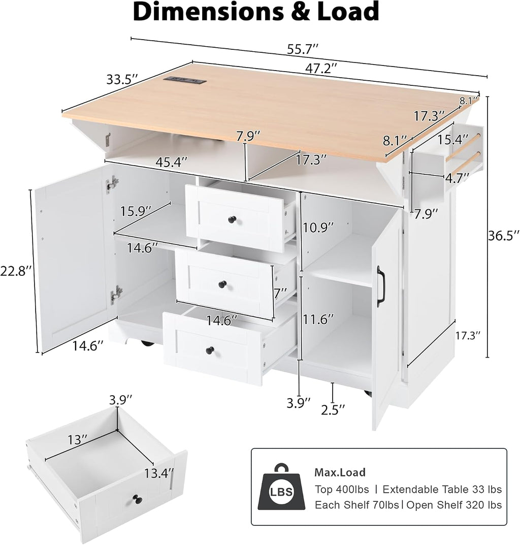 2 Drop Leaf Kitchen Island on Wheels, Farmhouse Rolling Kitchen Cart with Power Outlets, Kitchen Island Table with 2 Storage Cabinet, 3 Drawers and Spices Rack