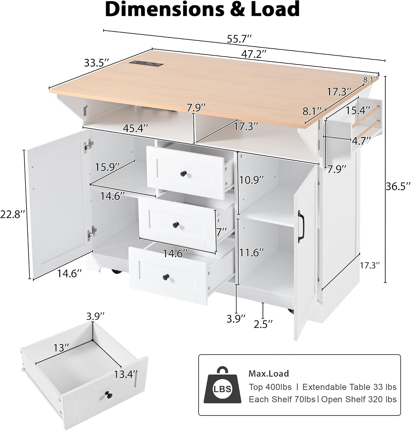 2 Drop Leaf Kitchen Island on Wheels, Farmhouse Rolling Kitchen Cart with Power Outlets, Kitchen Island Table with 2 Storage Cabinet, 3 Drawers and Spices Rack