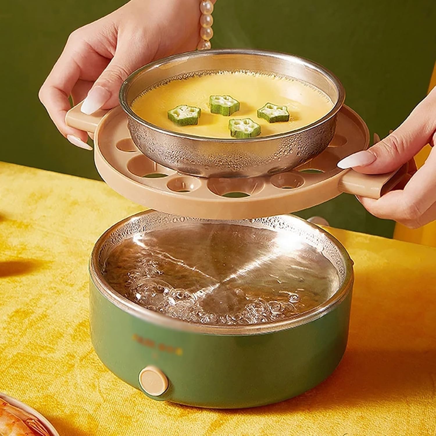 Food Steamer Electric Egg Boiler Steamer Breakfast Machine Automatic Power Off Anti-dry Egg Cooker Double Layer Multi-cookers High Capacity (Color : Green, Size : 25x15x12cm)