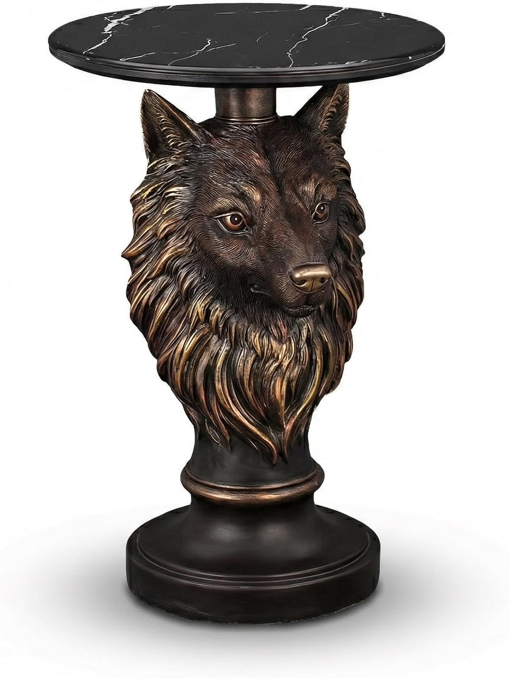 Wolf Head Sculptural Side Table with Faux Marble Top, 17.71' Round Resin Animal End Table, 25.2' H Unique Wolf Statue Decor for Living Room & Office, Gothic Housewarming Gift
