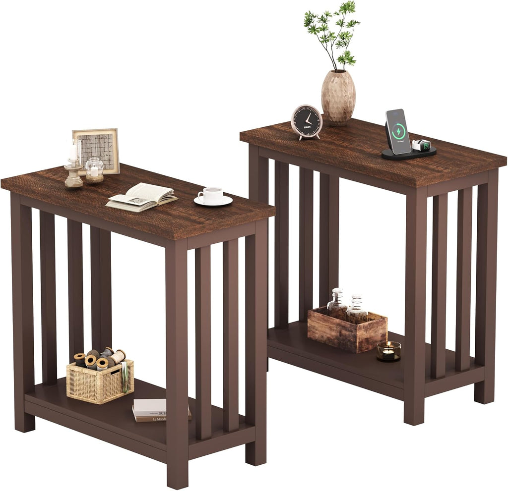 ChooChoo Mission End Tables Set of 2, Narrow Side Tables for Small Spaces, Night Stands with Storage Shelf for Living Room and Bedroom, Espresso