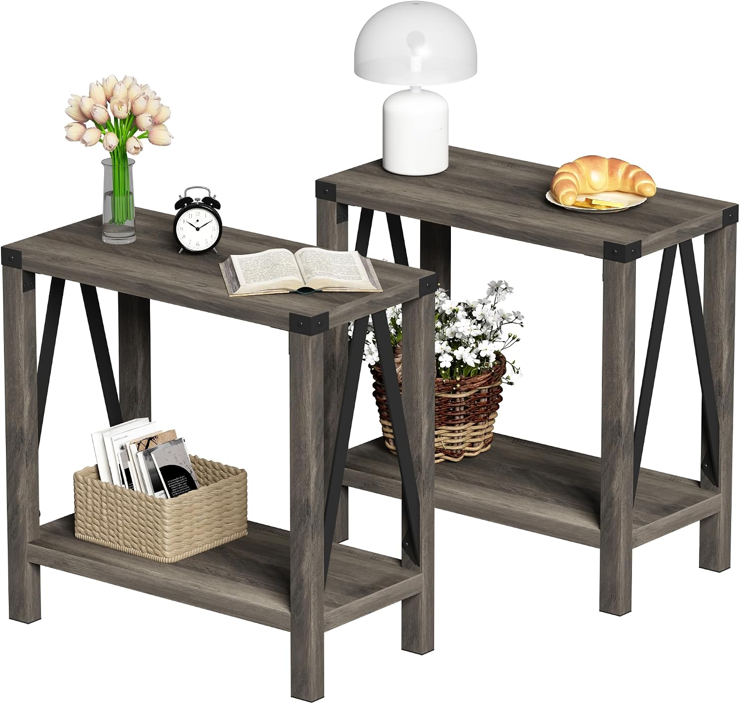 ChooChoo Farmhouse End Table for Small Spaces, Narrow Side End Table with Storage Shelf, Rustic A-Design Nightstand Sofa Table for Living Room, Bedroom (Grey) 2 Pack