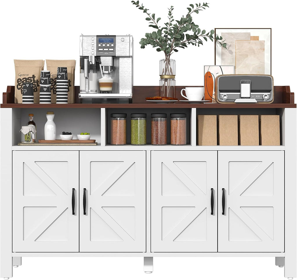VVFLU Buffet Cabinet with Storage Farmhouse with 4 Doors and 3 Open Compartments, 55'' Large Kitchen Storage Cabinet White Wood Coffee Bar Buffet Sideboard for Kitchen, Dining Room, Living Room