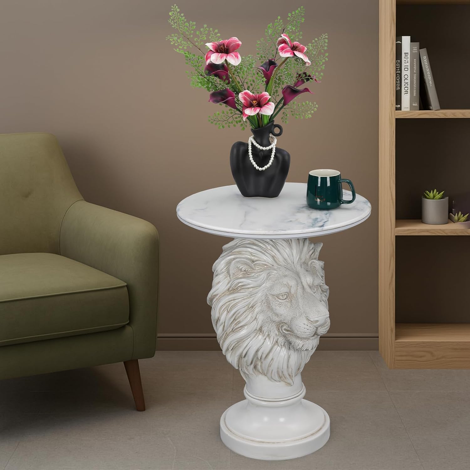 White Lion Head Sculptural Side Table with Faux Marble Top, 19.68' Round Resin Animal End Table, 25.59' H Majestic Accent Table for Living Room & Entryway, Regal Housewarming Gift