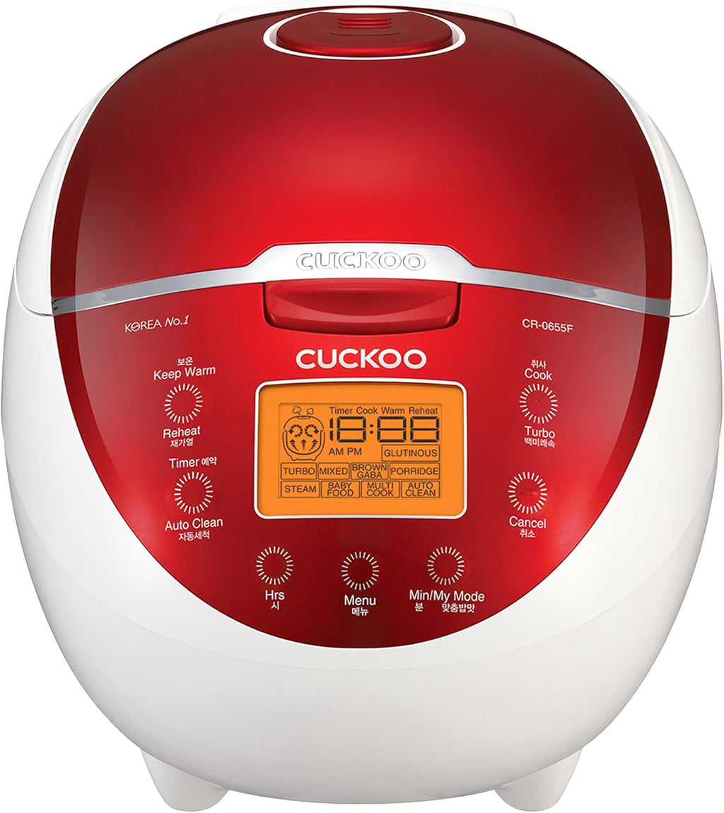 CUCKOO Micom Rice Cooker 6 Cup Uncooked / 12 Cup Cooked, Fuzzy Logic Rice Maker with Delay Timer & Keep Warm Setting, Versatile Food Steamer for Cooking, Non-Stick Inner Pot, Red (CR-0655F)
