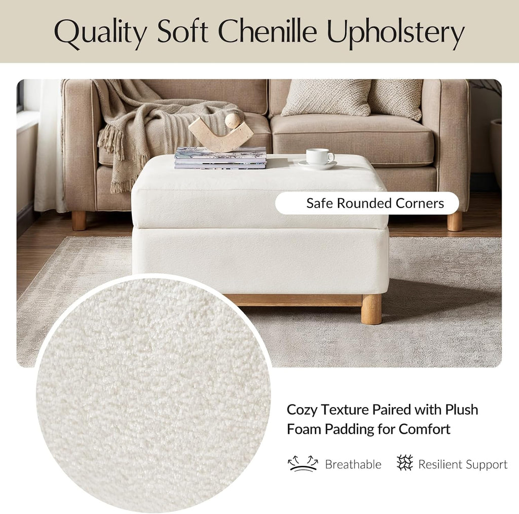 HULALA HOME 30.25' Ottoman Coffee Table with Reversible Tray Lid, Modern Upholstered Storage Ottoman with Solid Wood Base, Removable Top, Footrest and Extra Seating for Bedroom or Living Room, Ivory