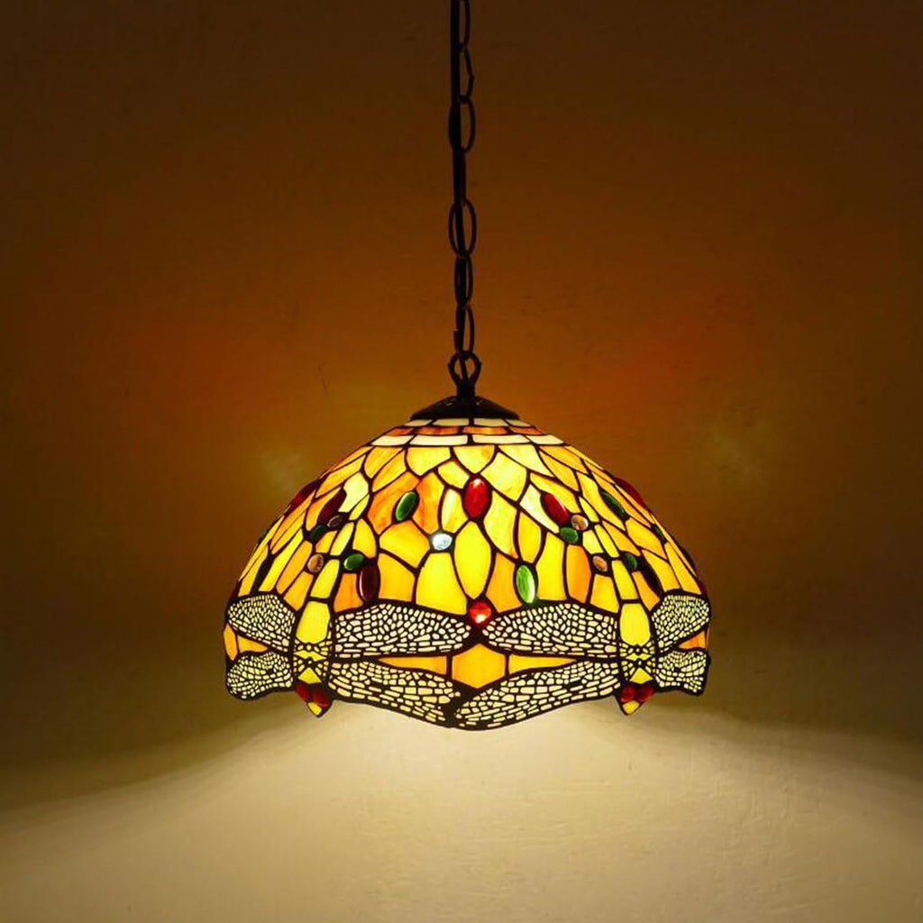 12 Inch Dragonfly Stained Glass Lamp Shade, Tiffany Style Lampshades Replacement, Handmade Vintage Lamp Cover Accessories Only for Table lamp Pendant Light Ceiling Fixture,Orange
