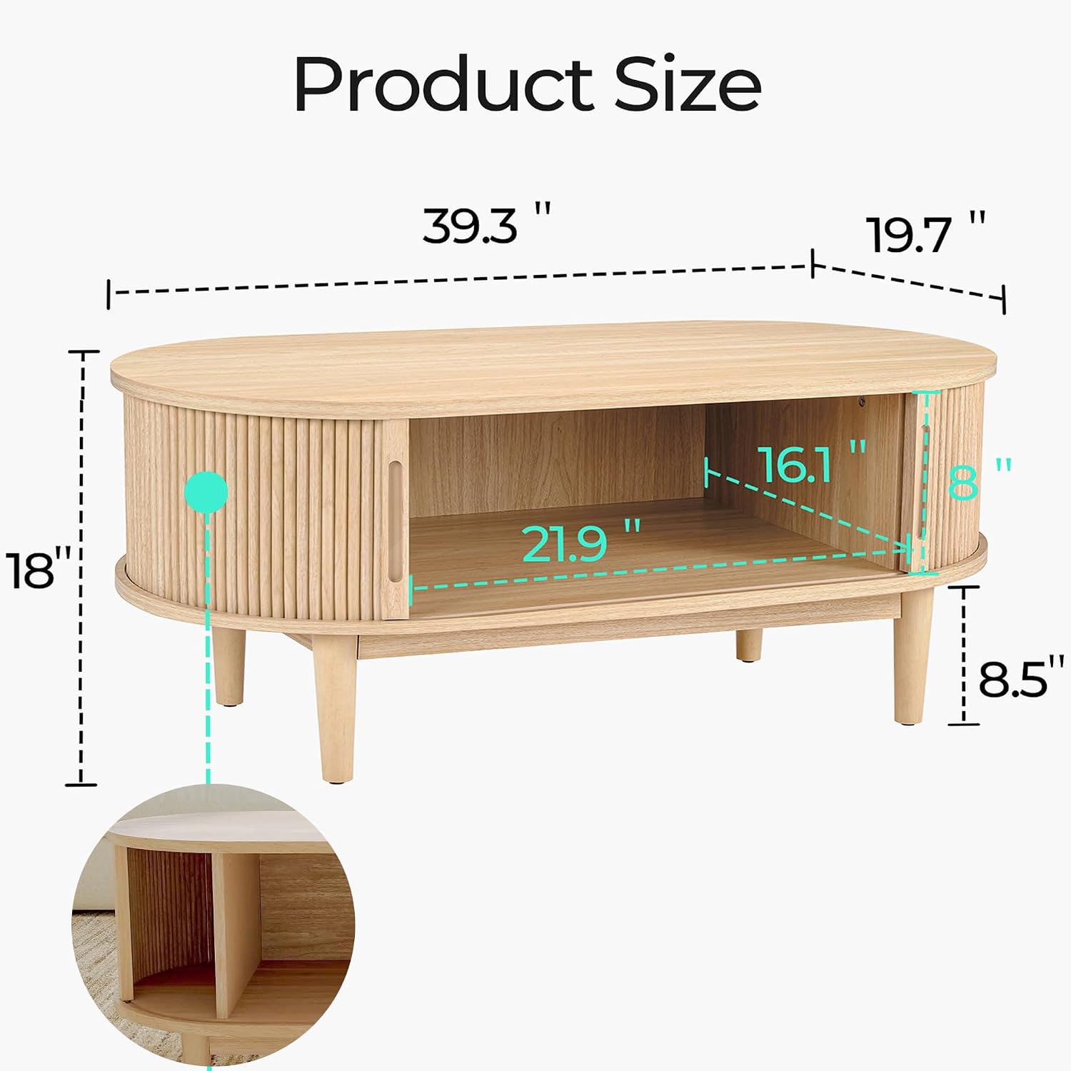 LINSY HOME Oval Coffee Table, Wood Coffee Table with Storage, Fluted Accent Center Table with Sliding Tambour Door, 39' Boho Coffee Tables for Living Room, Bedroom, Apartment, Oak