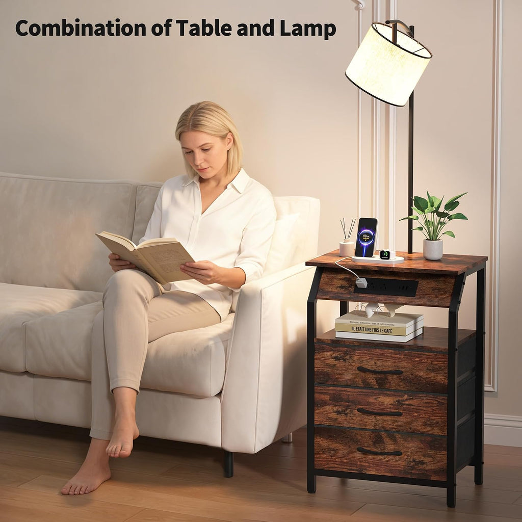 End Table with Floor Lamp Set of 2, Nightstand with Charging Station, Floor Lamp Table with 3-Color Temperature Bulb, Bedside Table Night Stand with 3 Drawers for Bedroom, Living Room, Retro