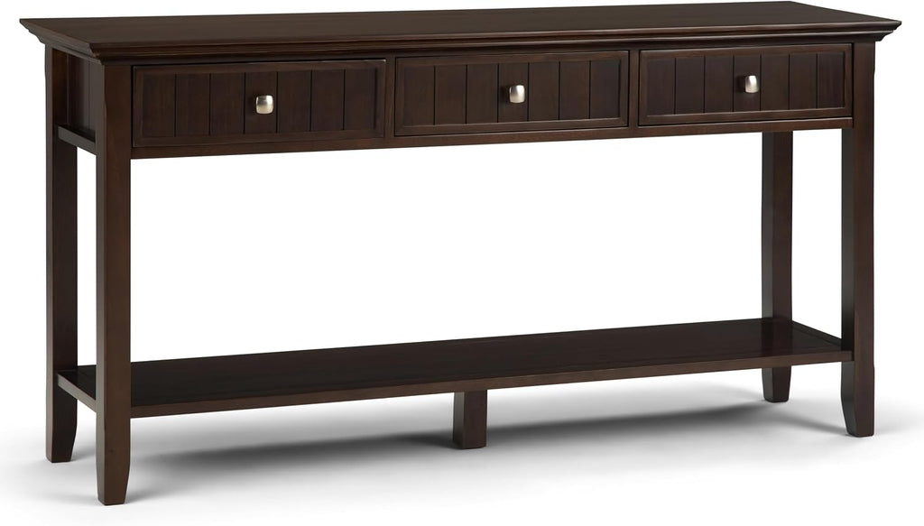 SIMPLIHOME Acadian Console Table - 60 Inch Wide Solid Wood Sofa Table in Brunette Brown, Transitional Storage Table for Entryway or Living Room with 3 Drawers and Open Bottom Shelf