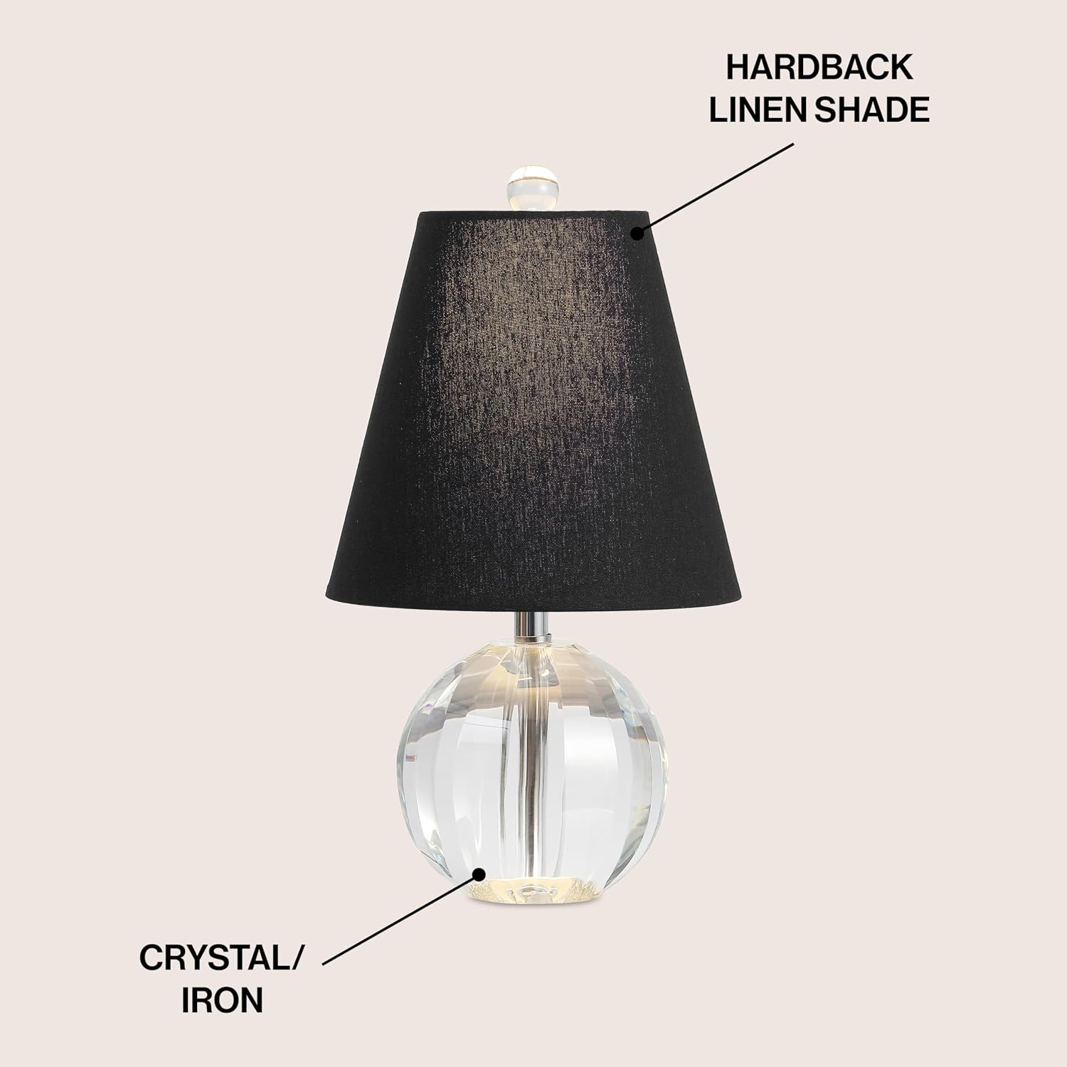 JONATHAN Y 16' Clear/Black Crystal Ball LED Table Lamp, White Modern Bedside Lamp, with White Linen Empire Shade, Glam Orb Glass Nightstand Lamp for Living Room, LED Bulb (JYL2079B)