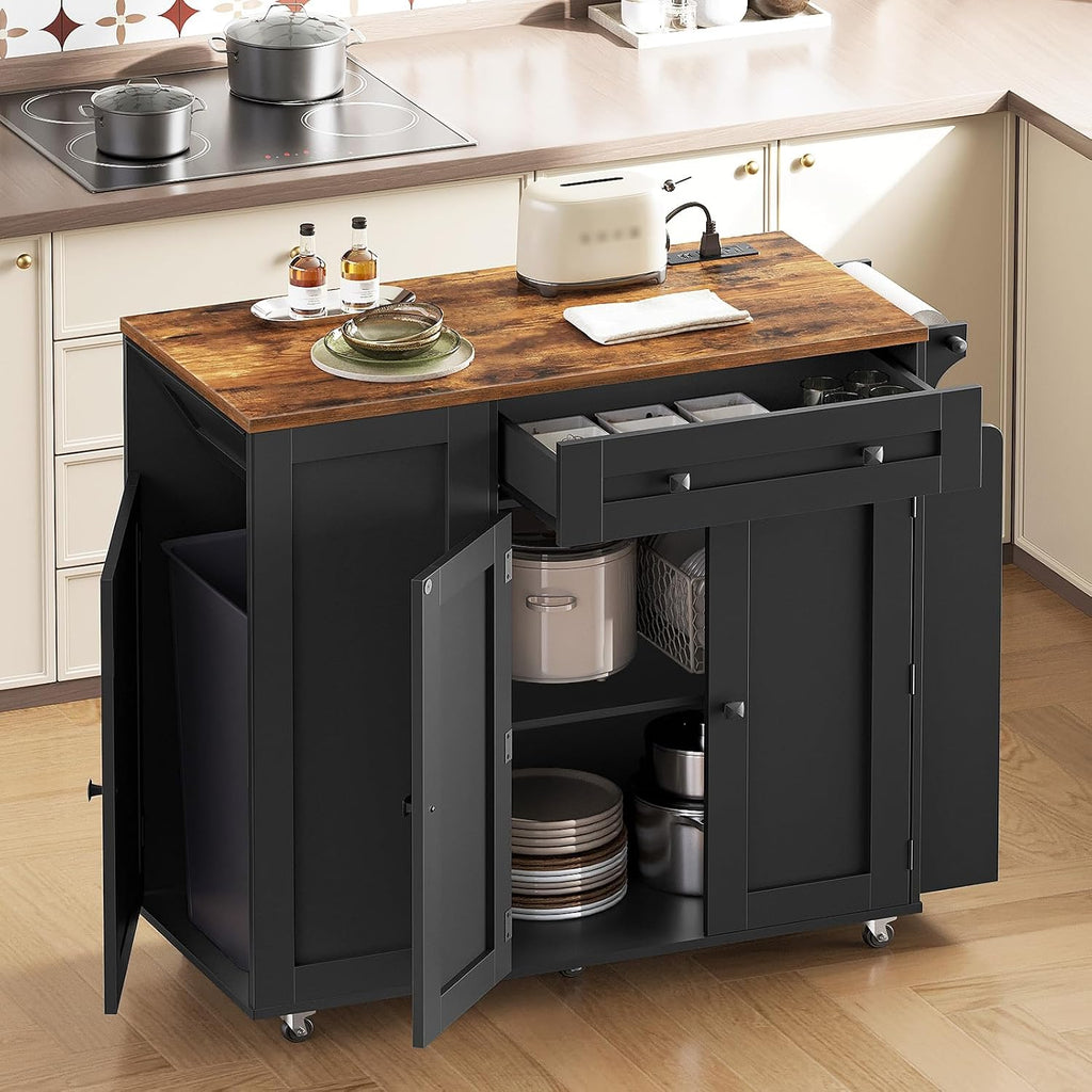 YATINEY Kitchen Island with Storage, Mobile Rolling Cart with Trash Can Storage, Kitchen Island on Wheels, Rolling Island Table with Charging Station, Spice Rack, for Kitchen, Rustic Brown ZD02UBR