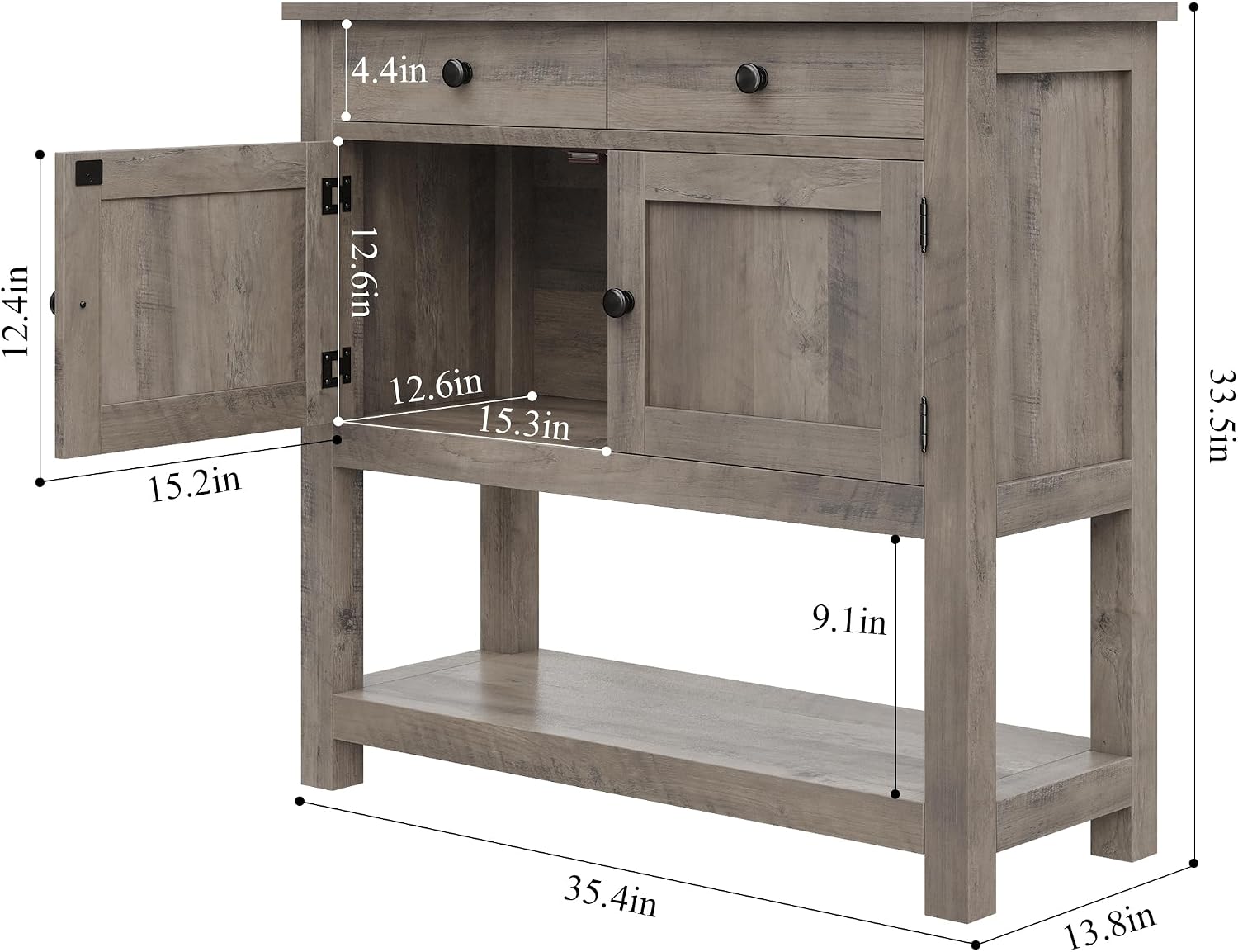 HOSTACK Farmhouse Console Table with 2-Door Cabinet & 2 Drawers, Coffee Bar, Entryway Table with Storage Shelf, Sofa Tables Buffet Sideboard for Kitchen, Hallway, Dining, Living Room, Ash Gray