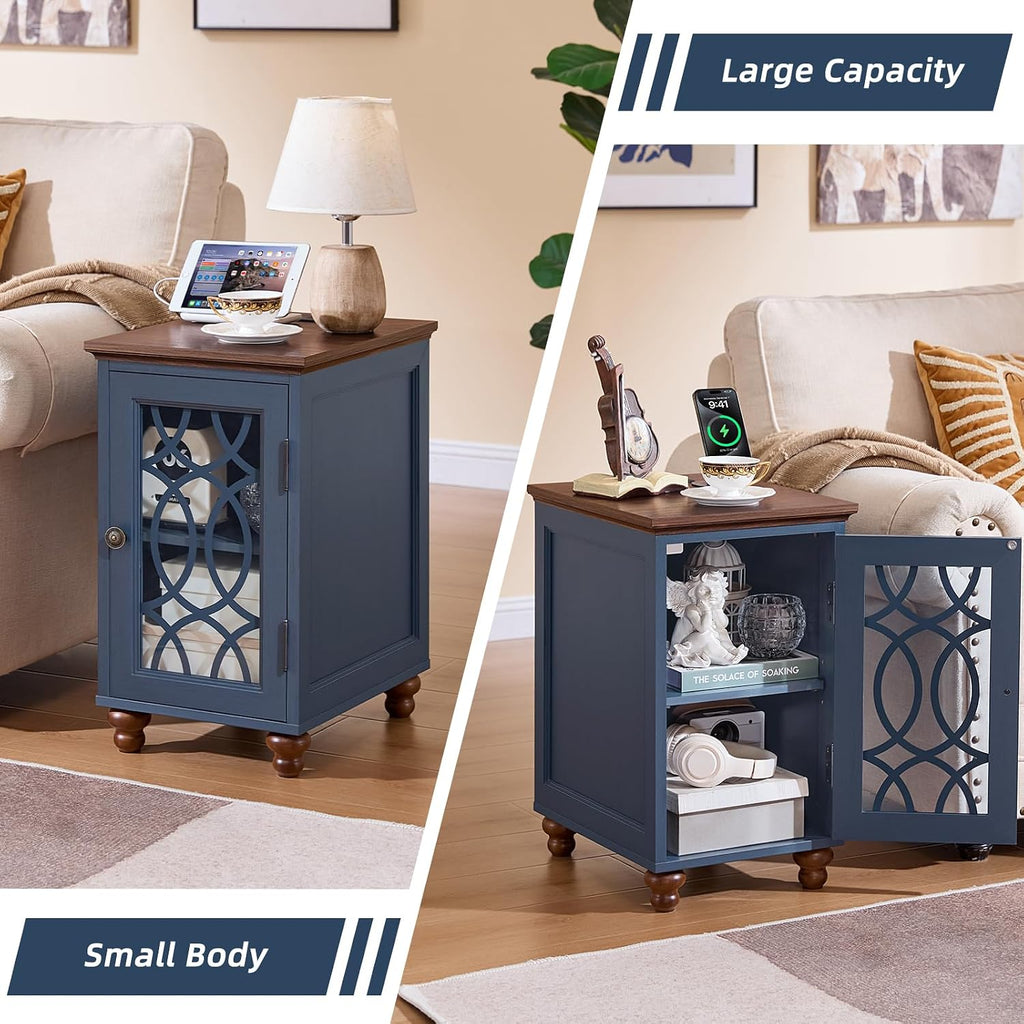 Joaxswe Narrow Side Table with Charging Station Set of 2, Night Stand with Glass Door,Bedside End Tables with Adjustable Shelf Storage Cabinet,Wood Nightstand for Small Spaces Living Room Bedroom
