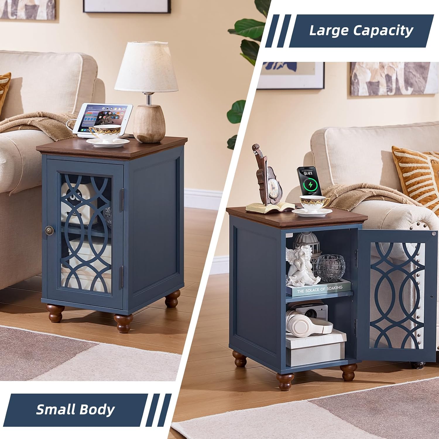 Joaxswe Narrow Side Table with Charging Station Set of 2, Night Stand with Glass Door,Bedside End Tables with Adjustable Shelf Storage Cabinet,Wood Nightstand for Small Spaces Living Room Bedroom